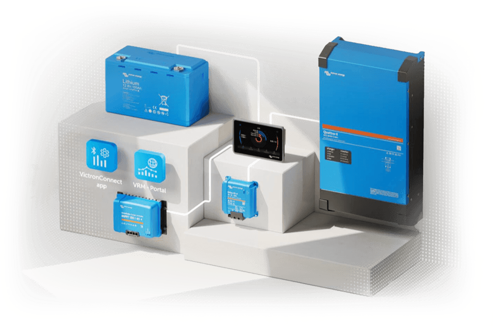 Victron inverter/oplader, batterier, MPPT og overvågningsenheder arrangeret sammen